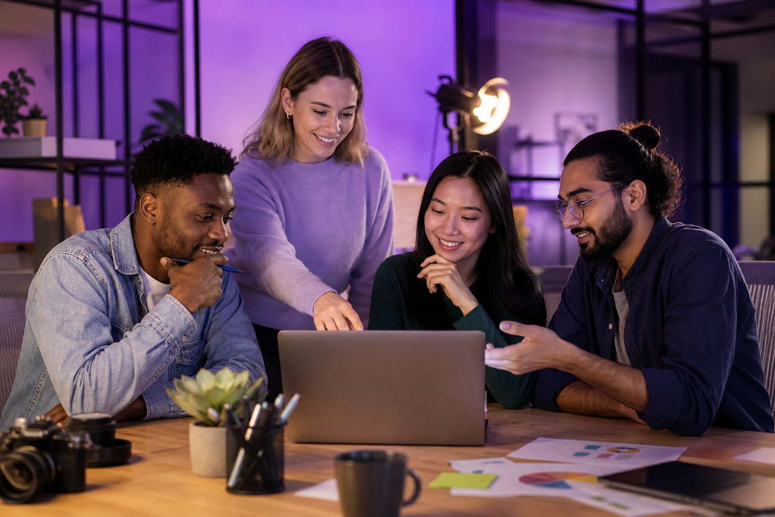Creative team planning YouTube channel promotion